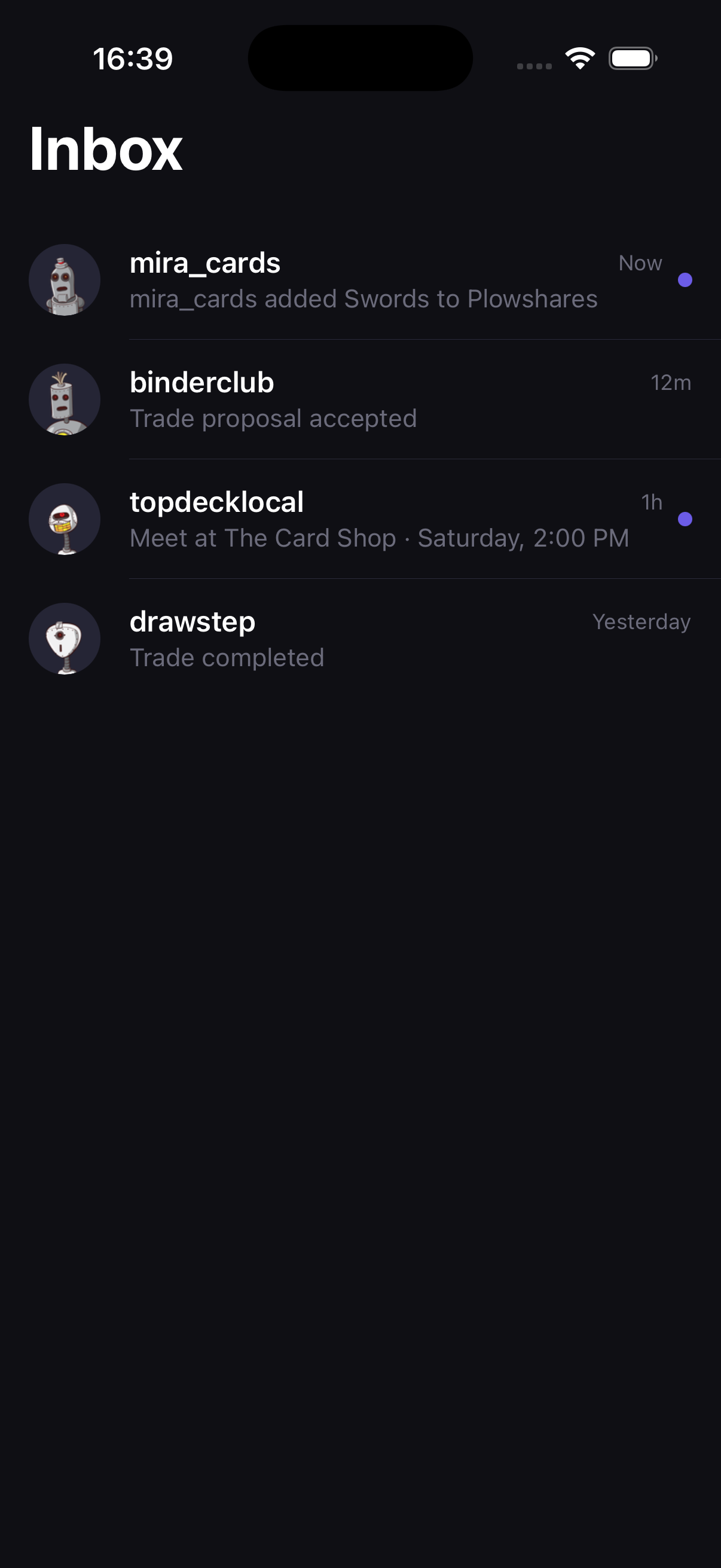 Lootstack Inbox showing automatic trade updates