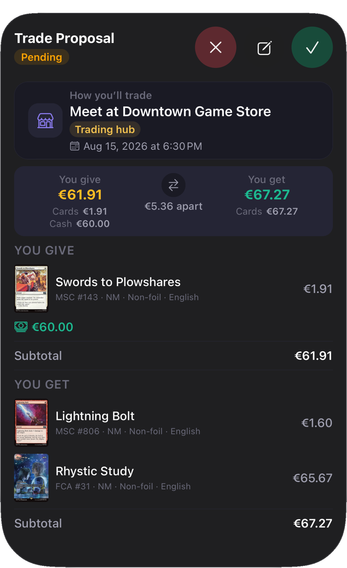 Lootstack trade proposal with cards, cash, values, and meetup details