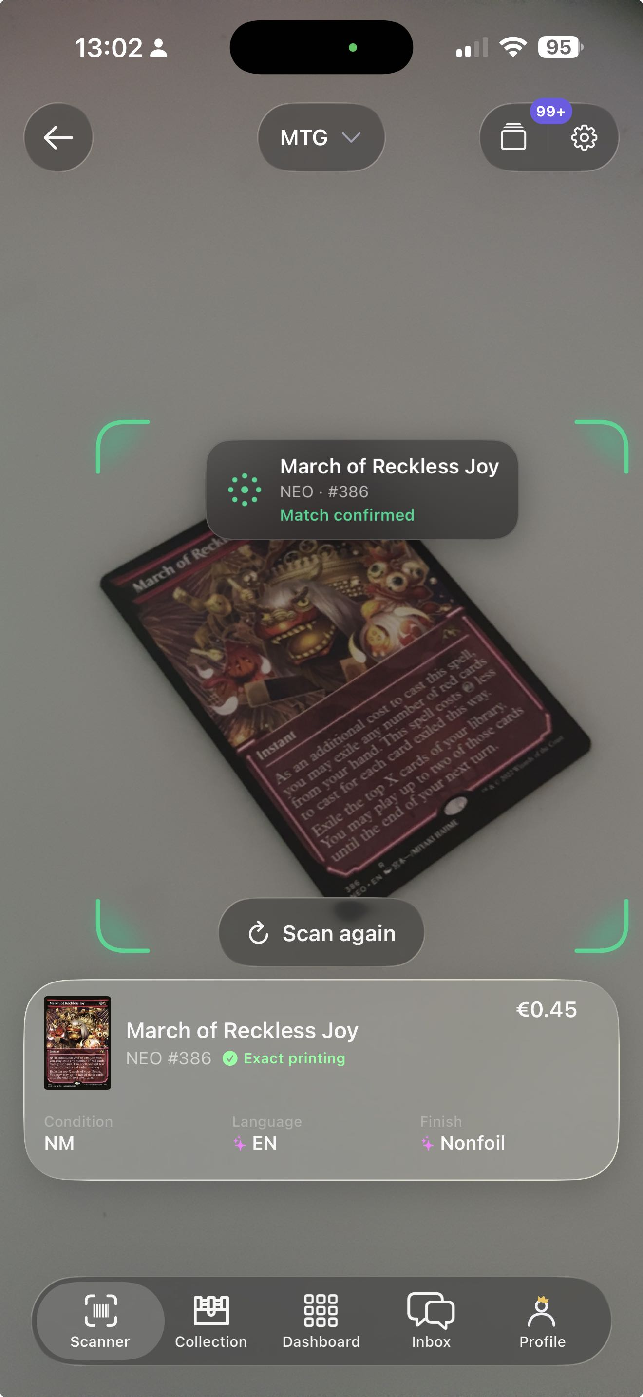 Lootstack identifying an exact Magic card printing in the scanner